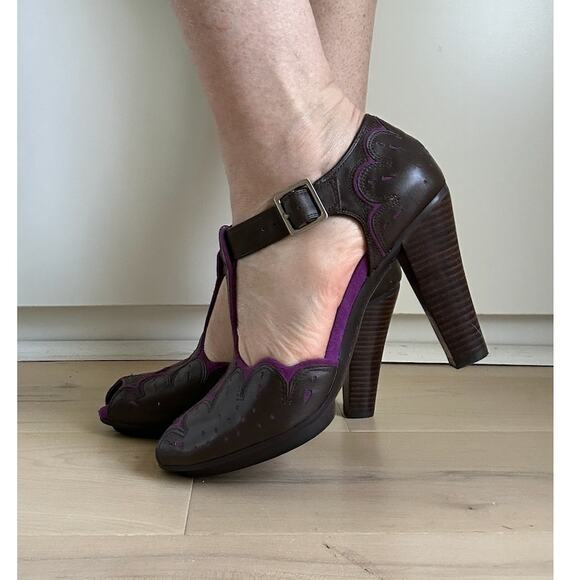 Vintage 90s T Strap Heels Brown Purple Size 9 Retro 40s Style Pumps - Picture 6 of 9